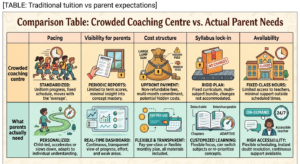 Comparison table of traditional after-school tuition against parent expectations for pacing, visibility, cost, syllabus fit, and availability.