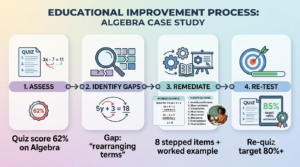 Infographic showing how an AI tutor adapts pace with assess, identify, remediate, and re-test steps.